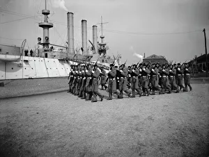 Crewmen Prints: U.S.S. Brooklyn, Marine guard company drill, (1897?). Creator: Unknown