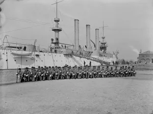 Crewmen Prints: U.S.S. Brooklyn, Marine guard company drill, (1897?). Creator: Unknown
