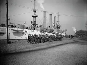Crewmen Prints: U.S.S. Brooklyn, Marine guard company drill by sections, (1897?). Creator: Unknown