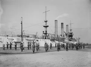 Crewmen Prints: U.S.S. Brooklyn, Marine guard signal drill, (1897?). Creator: Unknown