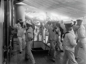 Crewmen Prints: U.S.S. Brooklyn, single stick exercise, between 1896 and 1899. Creator: Unknown
