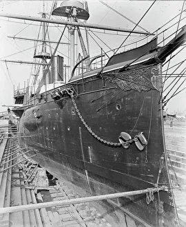 Graving Dock Prints: U.S.S. Chicago in dry dock, between 1890 and 1901. Creator: Unknown