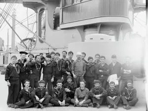 Seaman Prints: U.S.S. Indiana, group of seamen, between 1895 and 1901. Creator: William H. Jackson