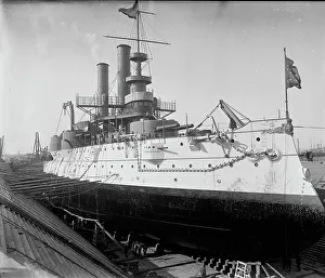 Graving Dock Prints: U.S.S. Iowa in dry dock, Brooklyn Navy Yard, between 1897 and 1901. Creator: Unknown