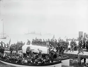 Dry Plate Negative Prints: U.S.S. Maine, Marines embarking at Hampton Roads, 1898. Creator: Unknown