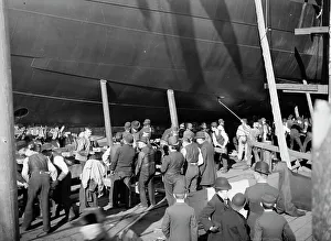 Launching Prints: U.S.S. Maine, wedging up before launching, 1889. Creator: Unknown
