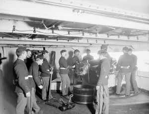 Dry Plate Negative Prints: U.S.S. Massachusetts, 6 inch gun and crew, between 1896 and 1901. Creator: Unknown