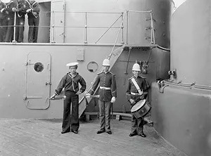 Dry Plate Negative Prints: U.S.S. Massachusetts buglers and drummer, between 1896 and 1901. Creator: Unknown