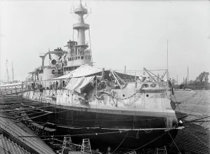 Graving Dock Prints: U.S.S. Massachusetts in dry dock, between 1896 and 1901. Creator: Unknown