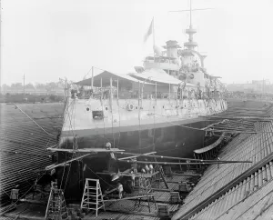 Graving Dock Prints: U.S.S. Massachusetts in dry dock, between 1896 and 1901. Creator: Unknown