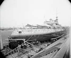 Graving Dock Prints: U.S.S. Massachusetts in dry dock, between 1896 and 1901. Creator: Unknown