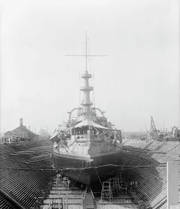 Graving Dock Prints: U.S.S. Massachusetts in dry dock, between 1896 and 1901. Creator: William H. Jackson