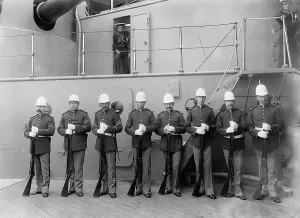 Marines Prints: U.S.S. Massachusetts, marine guard, between 1896 and 1901. Creator: Unknown