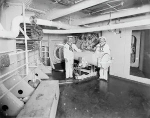 Crewmen Prints: U.S.S. Massachusetts, torpedo tube, between 1896 and 1901. Creator: Unknown