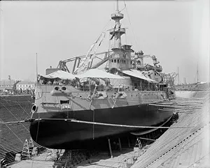 Graving Dock Prints: U.S.S. Oregon in dry dock, Brooklyn Navy Yard, 1898 Aug-Oct. Creator: Edward H Hart