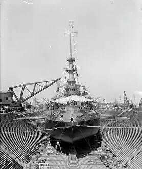 Graving Dock Prints: U.S.S. Oregon in dry dock, Brooklyn Navy Yard, 1898 Aug-Oct. Creator: William H. Jackson
