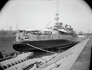 Graving Dock Prints: U.S.S. Oregon in dry dock, Brooklyn Navy Yard, 1898 Aug-Oct. Creator: William H. Jackson
