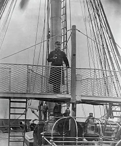 Dewey George Prints: U.S.S. Pensacola, Capt. Dewey on the bridge, between 1890 and 1901. Creator: Unknown