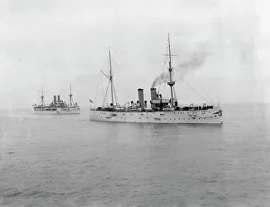 Battleships Prints: U.S.S. Raleigh and U.S.S. Maine, between 1895 and 1898. Creator: Unknown