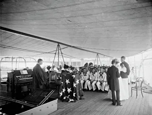 U.S.S. Texas, presentation of cross and badge to Ensign Gherardi by the King's... Aug. 8, 1897. Creator: Unknown