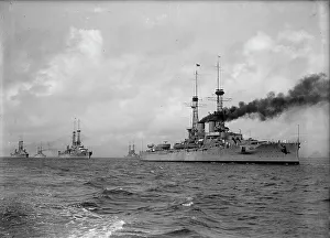 Dreadnought Prints: U.S.S. Wyoming Leading Battleships in Hampton Roads, Virginia, 1917. Creator: Unknown