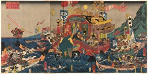 Oban Triptych Prints: The Utter Defeat of the Taira Clan in the Great Genpei War at Akama Bay in Nagato