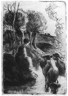 Vachere au Bord de L eau, (Cowherd beside Water), c1850-1900 (1924). Artist: Camille Pissarro