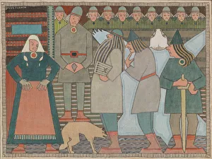 Väinämöinen, Ilmarinen and Lemminkäinen arrive at Pohjola, c1910s. Creator: Joseph Alanen