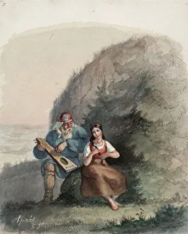 Kalevala Prints: Väinämöinen Stringing his Kantele, 1855. Creator: Karl Anders Ekman