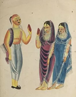 Kalighat Painting Gallery: Vaishnava Devotee with Two Women, 1800s. Creator: Unknown