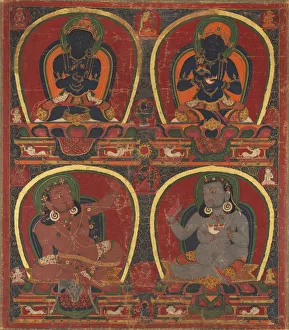 Mid 15th Century Prints: Vajradhara, Nairatmya, and Mahasiddhas Virupa and Kanha, c. 1450. Creator: Unknown