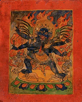 Vajrakumara (?) and Consort, Nyingmapa Buddhist or Bon Ritual Card, 18th-19th century. Creator: Unknown