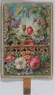 Valentine - Mechanical floral scene - a man on a horse offers a woman a rose - symbol... ca. 1875. Creator: Anon