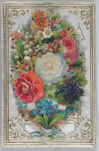 Mechanical Gallery: Valentine - Mechanical, flowers with hidden messages, sachet, ca. 1875. ca. 1875. Creator: Anon