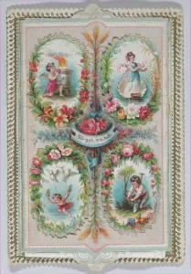 St Valentines Day Prints: Valentine - Mechanical, four ovals, flaps, images, ca. 1875. ca. 1875. Creator: Anon