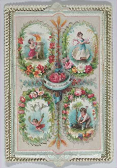 Floral Design Collection: Valentine - Mechanical, four ovals, flaps, images, ca. 1875. ca. 1875. Creator: Anon