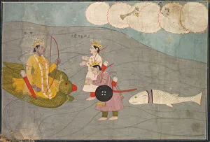 Colour And Gold On Paper Prints: Vanasuras Sons Submit to Krishna: Scene from the Aniruddha Usha Section of Krishna Lila, c