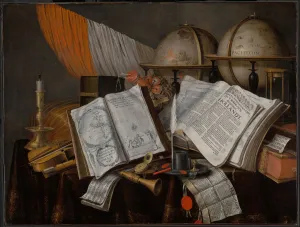 Latin Prints: A Vanitas Still Life with a Flag, Candlestick, Musical Instruments, Books
