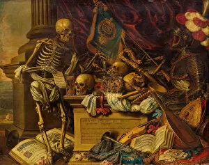 Richness Gallery: Vanitas Still Life with musical instruments, books, sheet music, skeleton, skull and armour