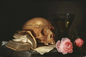 Sinful Gallery: Vanitas Still Life with a Skull, a Book and Roses, c.1630
