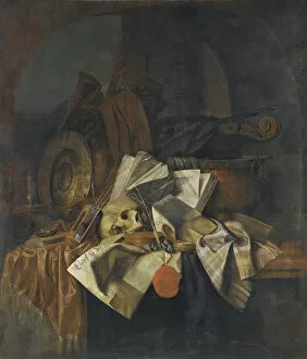 Sinful Gallery: Vanitas still life with a skull, a shield, an hour glass, books and papers on a tabletop
