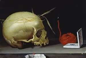 Instrument Prints: Vanitas Still Life with Skull, Wax Taper and Portable Sundial