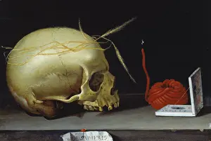 Instrument Prints: Vanitas with Skull, Wax Taper and Portable Sundial, 1620-1640. Creator: German Master