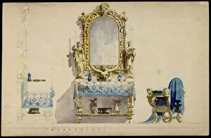 Vanity table, Desdemonas room. Set design for opera Otello by Giuseppe Verdi, world premiere, La Sc