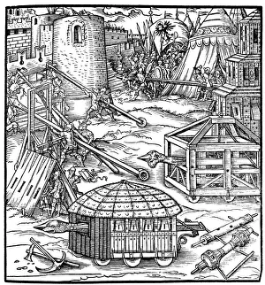 Shelter Prints: Various forms of siege equipment, including battering rams, 1547