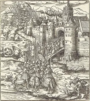 Various Men Kneeling on a Bridge in front of a Town, 1514/1516. Creator: Leonhard Beck
