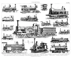 1900 Prints: Various models of steam train engines, from different countries, engraving from 1900