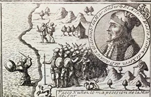 Library Of The University Gallery: Vasco Nunez takes possession of the South Sea, engraving from 1726, Vasco Nunez de Balboa