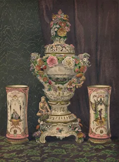 Dresden Prints: Vase of Dresden Porcelain and Pair of Porcelain Beakers, 1863. Artist: Robert Dudley
