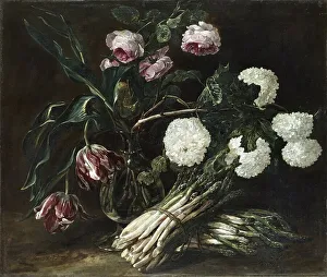 Flower Pot Prints: Vase of Flowers and Two Bunches of Asparagus, 1650. Creator: Jan Fyt